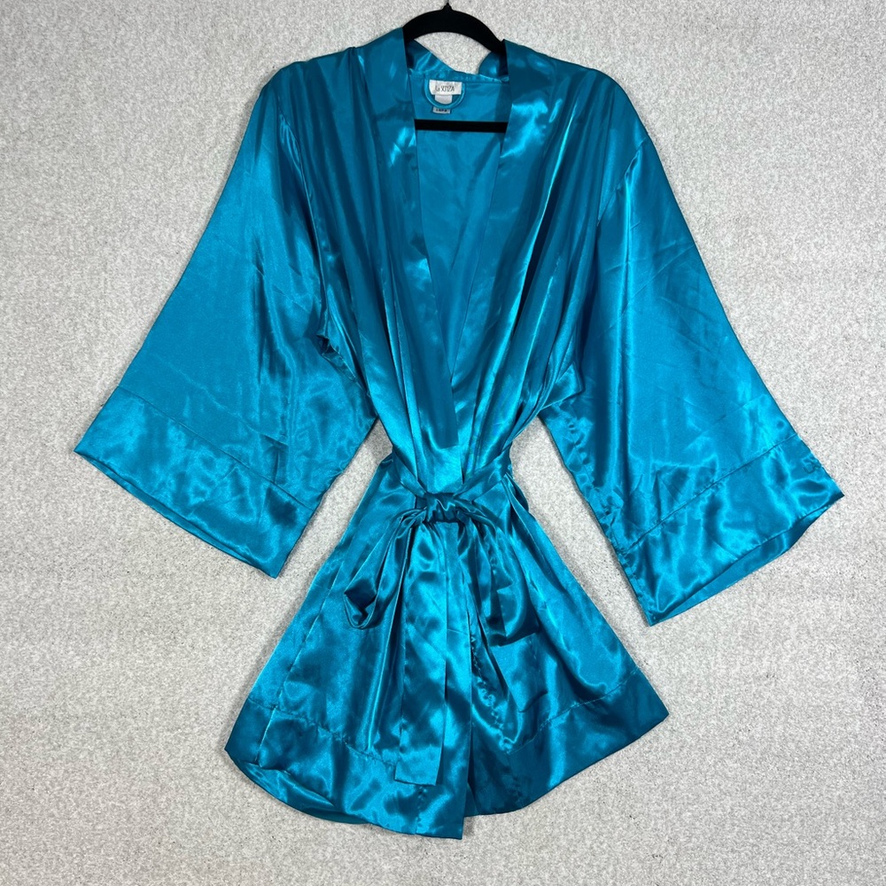 La SENZA Teal Satin Kimono Robe with Self-Tie
